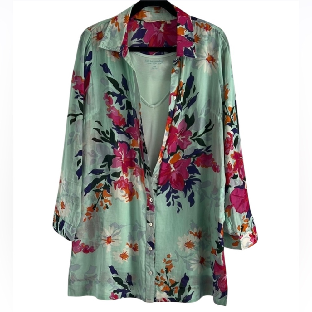 Soft Surroundings Aqua Lily 3/4 Sleeve Large Button Down Shirt - Picture 2 of 10